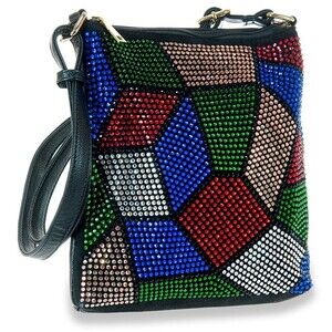 Jewell Toned Colorful Rhinestone Medium Square Crossbody Sling Handbag Backpack
